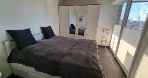 1 dormitorio con 1 cama grande y ventana grande en Park-Apartment Scharmützelsee Wohnung 7, en Wendisch Rietz