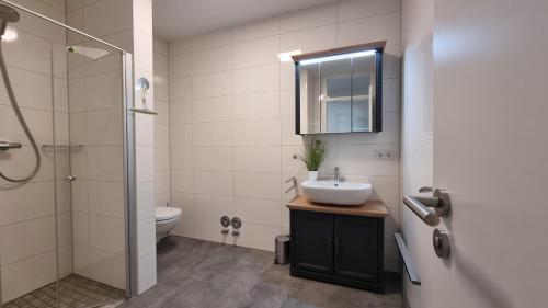 y baño con lavabo, ducha y aseo. en Park-Apartment Scharmützelsee Wohnung 7, en Wendisch Rietz