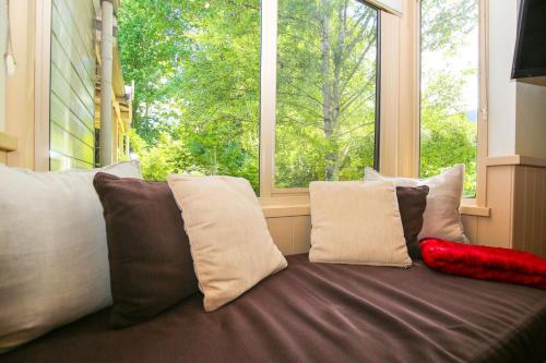 a couch with pillows sitting in front of a window at Alpine Arnica Cottage 1 in Harrietville