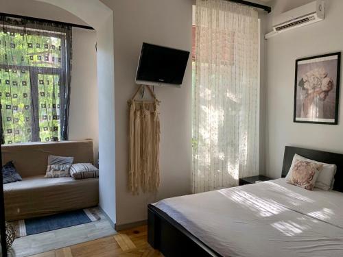 Luxury Apartments في أوديسا: غرفة نوم بسرير واريكة وتلفزيون