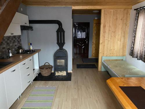 a kitchen with a wood stove in a room at SKH R - 1 Bedroom in Praid