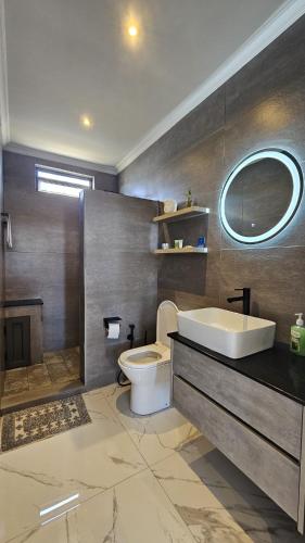 a bathroom with a sink and a toilet and a mirror at Residence Oceana 4 in Mont Choisy