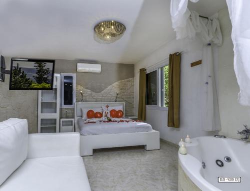 a bedroom with a bed and a bath tub and a bath tub at Moon Light Yavneʼel in Yavneʼel