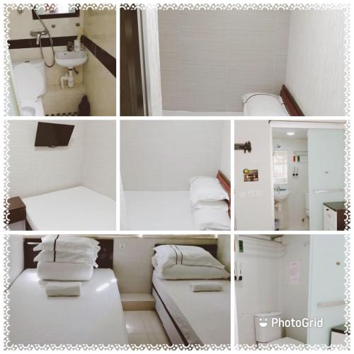een collage van foto's van een kamer met een badkamer bij 金源賓館 Golden Yuan Guest House in Hong Kong