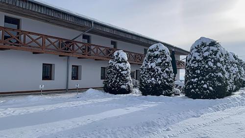 a building with snow covered trees in front of it at Penzion Golf Luby in Luby