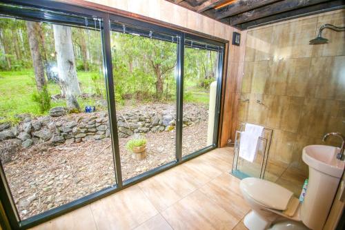 a bathroom with a toilet and a large window at Black Mamba House in Harrietville