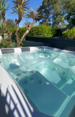 une baignoire jacuzzi avec des palmiers en arrière-plan dans l'établissement Jolie Villa avec SPA et Balnéothérapie, à Martignas-sur-Jalle