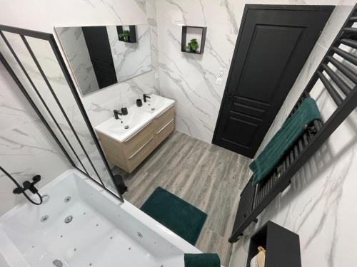 ein Bad mit einem Waschbecken und einem Spiegel in der Unterkunft Jolie Villa avec SPA et Balnéothérapie in Martignas-sur-Jalle
