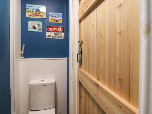 a bathroom with a toilet and a wooden door at Number Seventeen in Amble