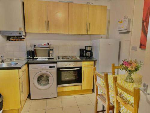 uma cozinha com uma máquina de lavar roupa e um micro-ondas em Flat in Vauxhall Explore London em Londres