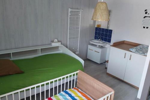 a small bedroom with a green bed and a sink at Gîte Chez Patrick et Odile in Escles