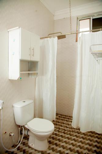a bathroom with a toilet and a shower curtain at MIKOCHENI APARTMENT in Dar es Salaam