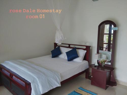 a bedroom with a bed with blue pillows and a mirror at Rose Dale Homestay Ella in Ella