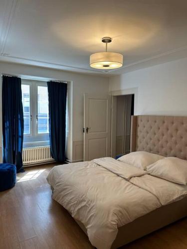 Cozy apartment in oldtown Zurich5 في زيورخ: غرفة نوم بسرير كبير مع ستائر زرقاء