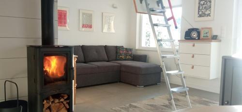 a living room with a couch and a fireplace at Domek Na Ustroniu in Sasino