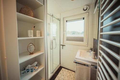 a bathroom with a shower and a sink at Schwimmendes Ferienhaus Cosy Home - Spreewald in Laasow