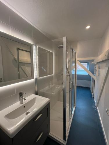 une salle de bain blanche avec un lavabo et une douche dans l'établissement Le Cottage, à Furdenheim