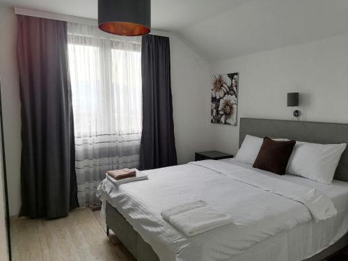 a bedroom with a large bed and a large window at Apartmani Lane 1 in Kraljevo