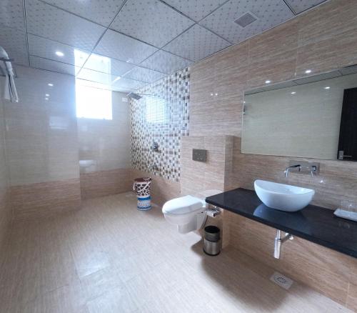 a bathroom with a sink and a toilet and a mirror at Hotel Annpurna Regency in Sīkar