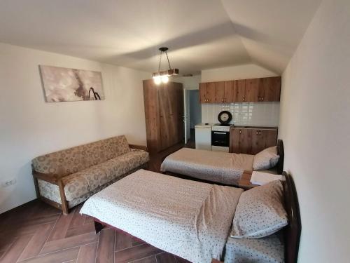 a living room with a couch and a kitchen at Apartmani Lena in Kraljevo