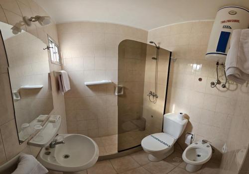 a bathroom with a sink and a toilet and a shower at Hotel Budapest in Piriápolis