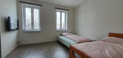 a bedroom with two beds and two windows at Apartment 35m2 in Karlovy Vary