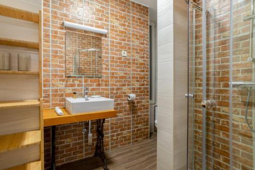 a bathroom with a sink and a glass shower at Posh Prints Studio in Budapest