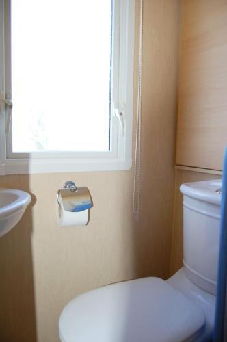 a bathroom with a toilet and a sink and a window at Caravan 251 Bryn Y Mor Beach Side Park in Tywyn