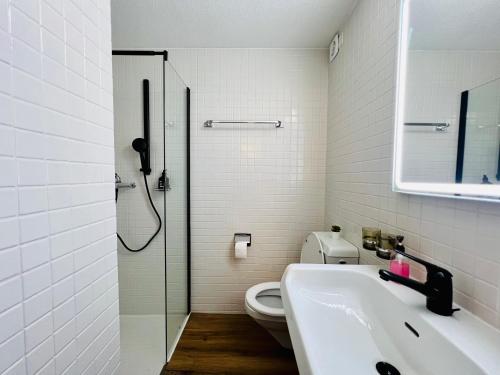 a bathroom with a sink and a toilet and a shower at Charmant studio situé au centre in Zermatt