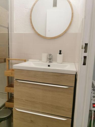 une salle de bain avec un lavabo et un miroir dans l'établissement Superbe studio rénové avec piscine et vue marina, au Barcarès