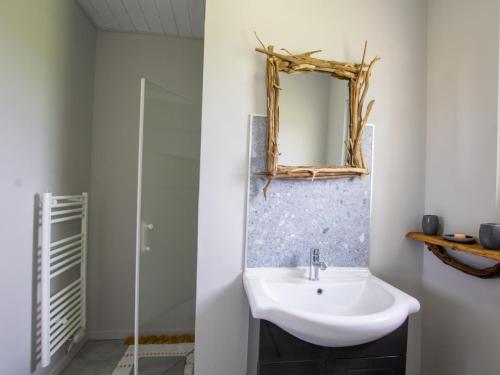 uma casa de banho com um lavatório e um espelho em Gîte Fossemagne, 3 pièces, 4 personnes - FR-1-616-262 em Fossemagne