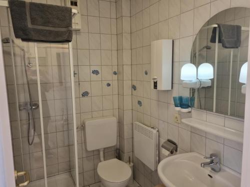 La salle de bains est pourvue de toilettes, d'un lavabo et d'une douche. dans l'établissement Ferienhaus-Schirmqualle, à Dornumersiel