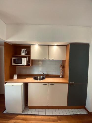 a small kitchen with a sink and a microwave at Apart Hotel Rio Grande in Rosario