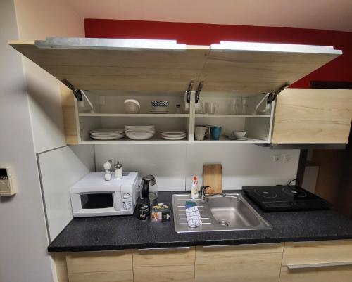 a small kitchen with a sink and a microwave at Excellent apartments in Spa City Center 5 min walk from the Colonnade in Karlovy Vary