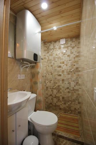 uma casa de banho com um WC branco e um lavatório. em Pasakų pirtelė em Vilnius