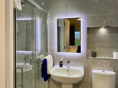 y baño con aseo, lavabo y ducha. en Cottage 437 - Ballyconneely, en Ballyconneely