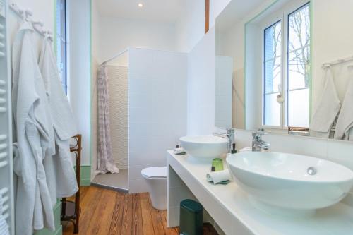 a white bathroom with a sink and a toilet at Château de la villeneuve in Saint-Marcel