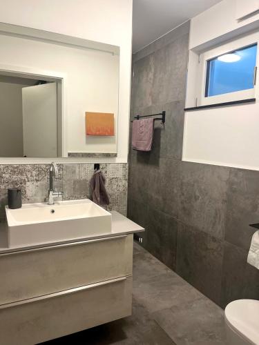 een badkamer met een wastafel en een spiegel bij Wohnung am Wald in Geisa