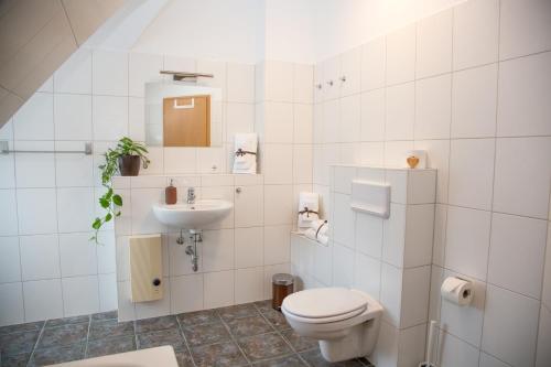 a white bathroom with a toilet and a sink at Ferienwohnung Zschopau Zentrum in Zschopau