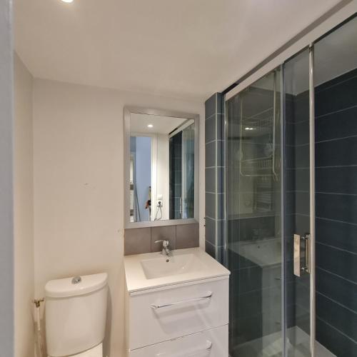 une salle de bain avec toilettes, lavabo et douche dans l'établissement Appart cosy et fonctionnel, quartier très sympa, à Paris