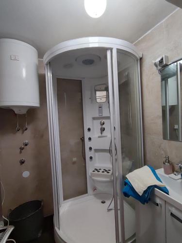 a small bathroom with a shower and a sink at WEGA Star Apartmani in Brzeće
