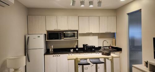 eine Küche mit weißen Schränken und einem weißen Kühlschrank in der Unterkunft Amapola's in Salta