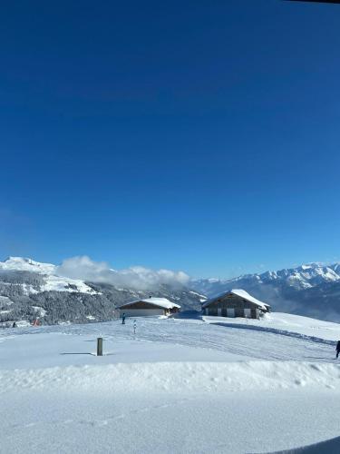 a snow covered field with buildings in the background at Blick Tirol direkt auf der Skipiste in Mittersill