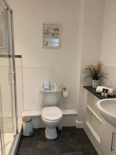 Baño blanco con aseo y lavamanos en Number 10 Serviced Apartment - City Center en Southampton