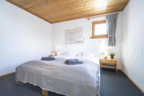a bedroom with a bed with two pillows on it at Chasa Fabulusa in Scuol