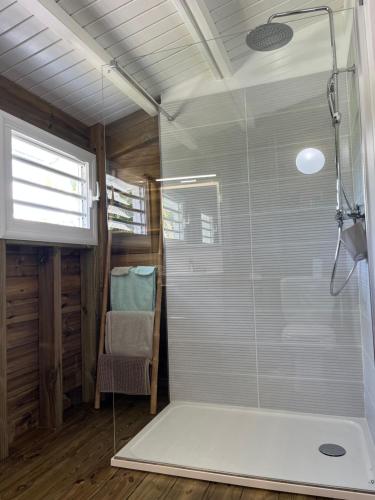 a bathroom with a shower with a glass door at Villa La Belle Creole in Saint-François