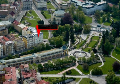 an aerial view of a city with a building at Belvedere Wellness Hotel in Mariánské Lázně