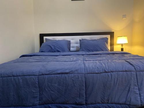 a bedroom with a blue bed with a blue comforter at Shepherds Garden in Abuja