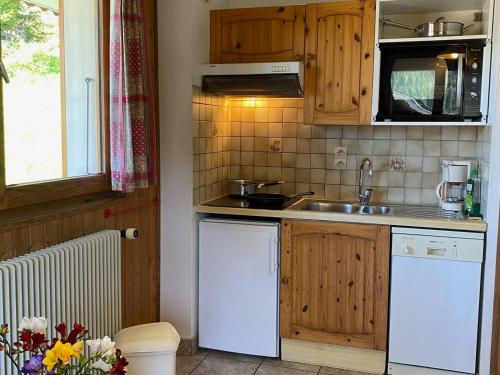 Il comprend une petite cuisine équipée d'un évier et d'un lave-vaisselle. dans l'établissement Appartement chaleureux proche centre Châtel, accès Multi Pass été 2024 à 3€/jour/personne! - FR-1-693-83, à Châtel