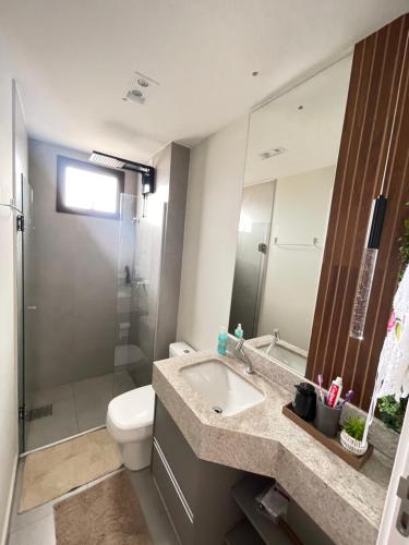 a bathroom with a sink and a toilet and a shower at Apartamento mobiliado, 2 quartos , ate 5 pessoas todos ambientes climatizados in Dourados